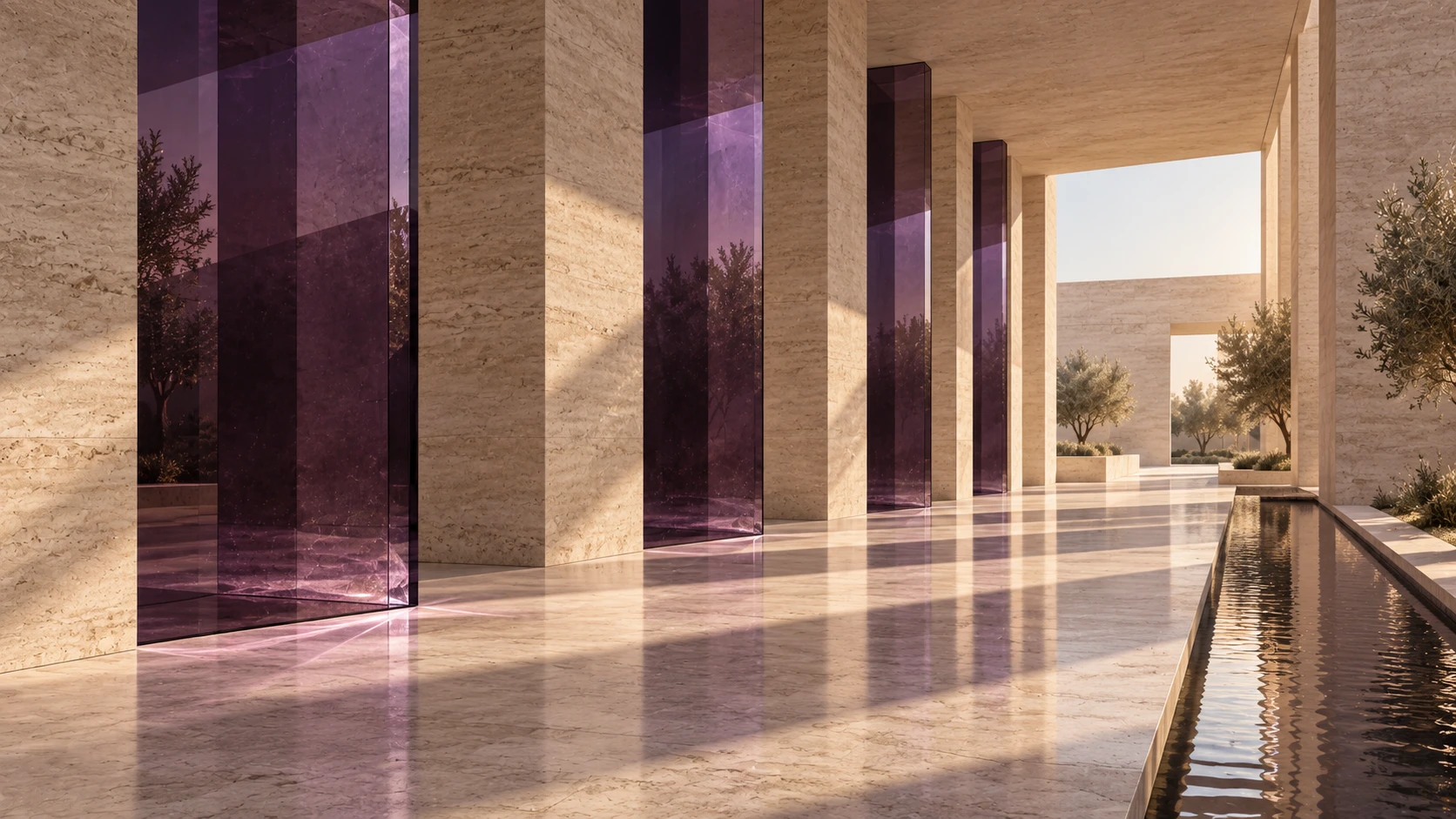 Sunlit travertine colonnade with deep purple glass and a reflecting water channel