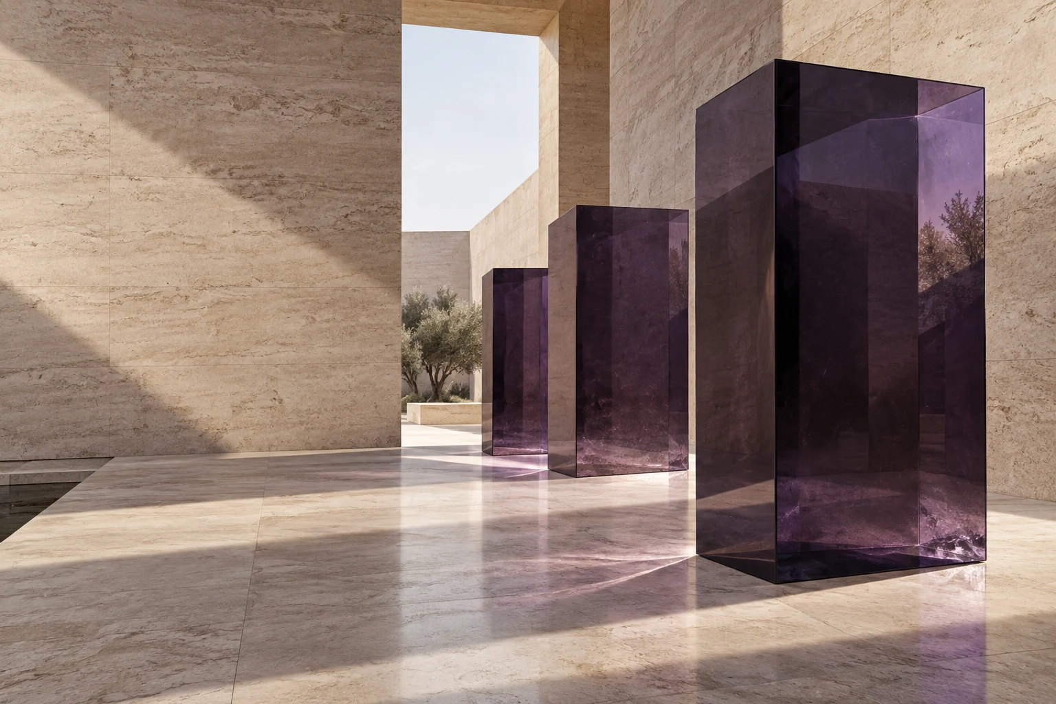 Sculptural purple glass forms in a sunlit limestone courtyard